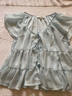 Francesca's Pale Blue Ruffled Tie-Front Top